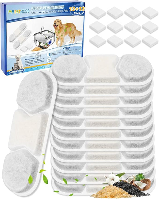 12 Pack Replacement Filter & 12 Pre- Sponges Dog Water Fountain Filters Fit for WF120 Large Dog Water Bowl Dispenser 410oz/3.2Gal/12L Automatic Pet Fountain Water Dispenser Stainless Steel