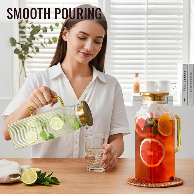 2 Pack 2 Liter/68 oz Square Glass Pitcher with Lid, Classic Stripes Water Pitchers with Handle for Fridge, Large Jug for Iced Tea, Coffee, Borosilicate Glass Carafe for Hot/Cold Brew Drink, Gold