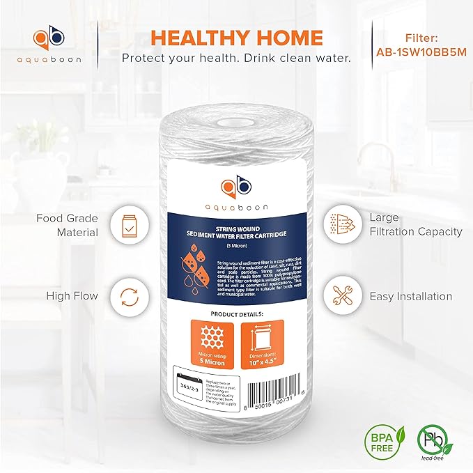 Aquaboon 5 Micron Water Filter 10 x 4.5 inch - String Wound Water Filter for Whole House System - Compatible with 84637, WPX5BB97P, PC10, 355214-45, 355215-45, WP10BB97P, WP5BB97P (4 Pack)