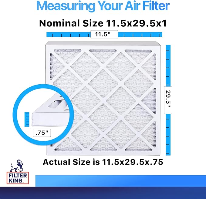 Filter King 11.5x29.5x1 Air Filter | 4-PACK | MERV 8 HVAC Pleated A/C Furnace Filters | MADE IN USA | Actual Size: 11.5 x 29.5 x .75"