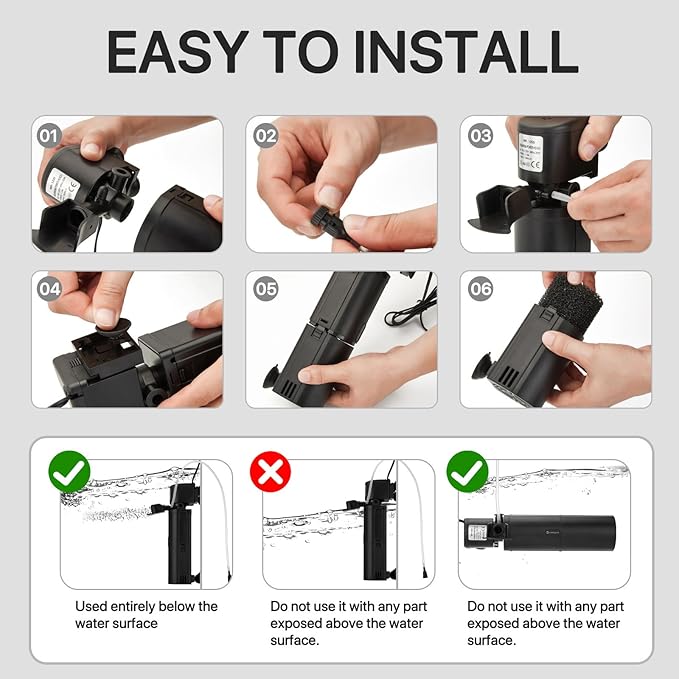 Internal Aquarium Filter for 10-75 Gallon Fish Tanks, Quiet 4-in-1 Turtle Tank Filter with Filtration, Oxygenation, Wave Making and Water Change
