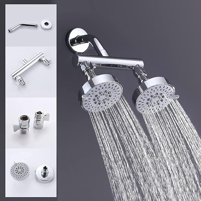 AZOS Double Shower Head with Shut-Off Valve, Bathathroom High Pressure Dual Fixed Rain Shower Head Combo with Brass Dual Outlet Manifold, Adjustable 5 Function Showerhead Chrome