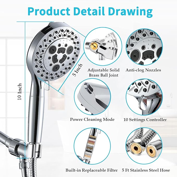 Filtered Shower Head with Handheld, High Pressure Shower Heads with Handheld Spray Combo, Filters, Shower Hose and Bracket, Chrome