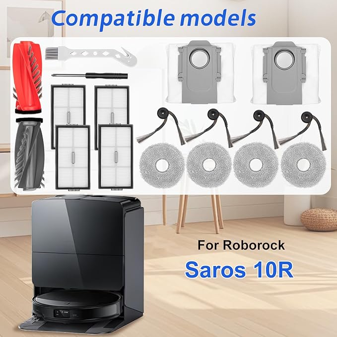 18 Pcs Replacement Kit Accessories for Roborock Saros 10R Robot Vacuum, Include 2 Main Brush, 4 Side Brushes, 4 HEPA Filters, 4 Mop Pads, 2 Dust Bags[3.0L Capacity], 1 Cleaning brush, 1 Screwdriver