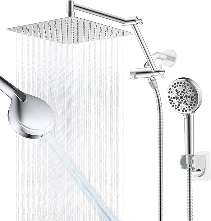 iFealClear Metal Rain Shower Head, 10” High Pressure Rainfall Shower Head with Handheld Spray Combo, 10-Spray Handheld Built-in Power Wash, 16" Shower Extension Arm, 71" Hose, 3-Way Diverter, Chrome