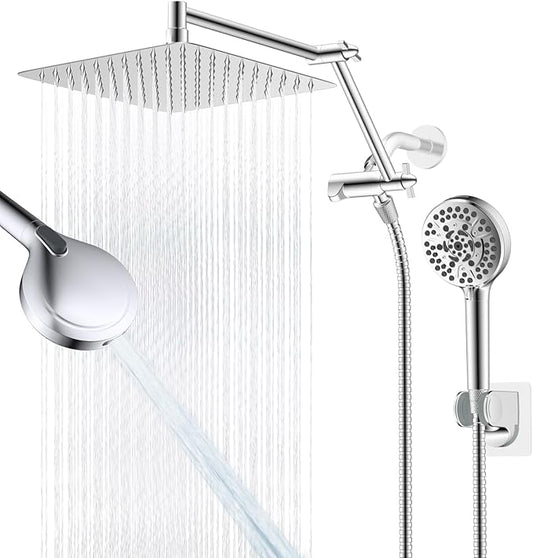 iFealClear Metal Rain Shower Head, 10” High Pressure Rainfall Shower Head with Handheld Spray Combo, 10-Spray Handheld Built-in Power Wash, 16" Shower Extension Arm, 71" Hose, 3-Way Diverter, Chrome