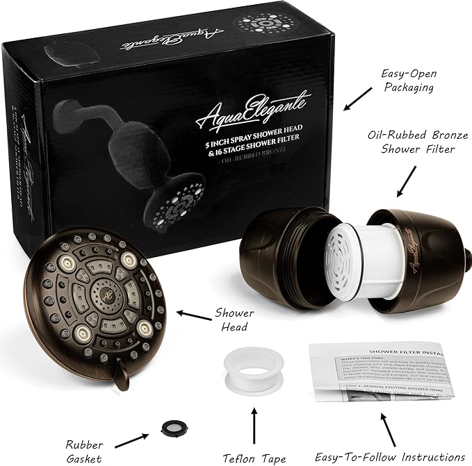 Aqua Elegante High Pressure Shower Head & Filter - Adjustable Water Saving Showerhead For Low Flow Showers With Bath Filters To Remove Chlorine, 1.8 GPM - Oil-Rubbed Bronze & California Certified