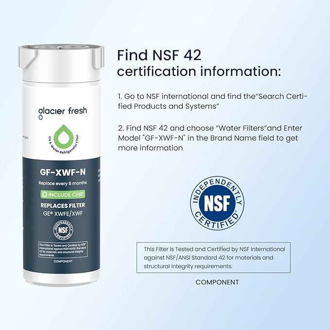 GLACIER FRESH Water Filter Compatible with XWFE (Built-in CHIP), Replacement for GE XWFE, XWF Refrigerator Water Filter NSF/ANSI 42 Certification Pack of 2