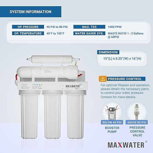 Max Water 5 Stage 100 GPD (Gallon Per Day) RO (Reverse Osmosis) Standard Water Filtration System for Heavy Duty - Under-Sink/Wall Mount - Model: RO-5W3