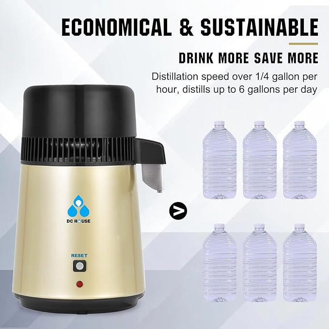 DC HOUSE Upgrade Water Distiller, 304 Stainless Steel 1 Gallon Distilled Water Maker Machine for Home Countertop Table Desktop, 750W 4L Making Machine with On Off Switch, Glass Container