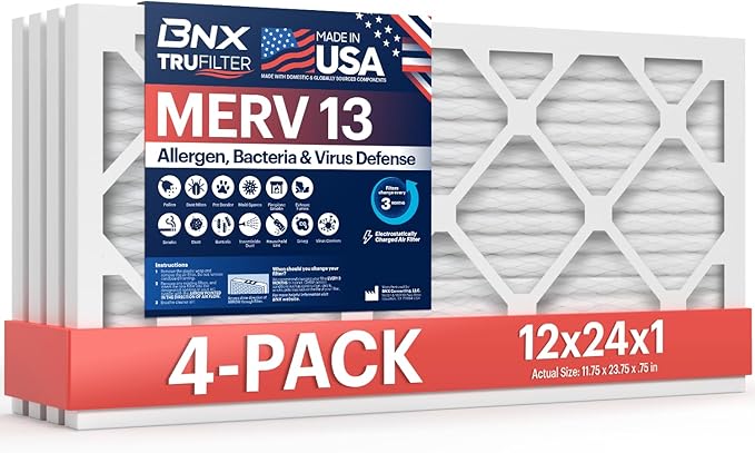 BNX TruFilter 12x24x1 Air Filter MERV 13 (4-Pack) - MADE IN USA - Electrostatic Pleated Air Conditioner HVAC AC Furnace Filters for Allergies, Pollen, Mold, Bacteria, Smoke, Allergen, MPR 1900 FPR 10