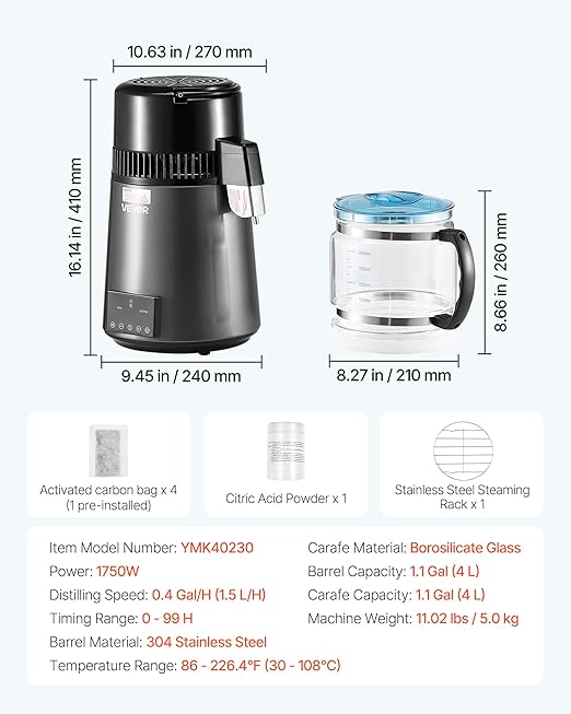 VEVOR Water Distiller, 4L 1.1 Gallon Pure Water Purifier Filter for Home Table Countertop, 1750W Distilled Maker with Glass Pot, Stainless Steel Interior Drinking Machine to Make Clean Waters, Grey