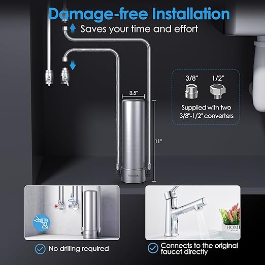 Waterdrop AS13 Under Sink Water Filter System, Reduces Lead, Chlorine, Bad Taste & Odor, PFAS, NSF/ANSI 42 Certified, No Drilling Required 6 Stage Stainless Steel Under Sink Water Filtration System