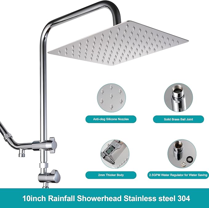 Dual Shower Head with Filter Combo,Stainless Steel 10in Rainfall Showerhead with 10in Height Adjustable Slide Bar&3-Way Diverter,Handheld Shower Head with On Off Switch&Adhesive Shower Holder