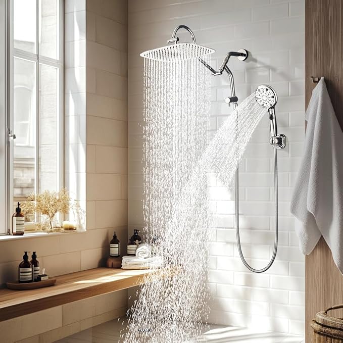 G-Promise 14 Inches Shower Heads with Massage Mode Handheld Sprayer Combo, 3 Way Metal Extended Diverter and Metal Adjustable Extension Arm, Stainless Steel Hose