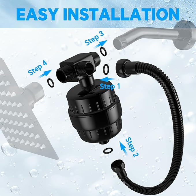 Universal 15 Stage Shower Head Filter for Hard Water, Dual ShowerHead Simultaneously Filtering, Suitable Majority Rain Rainfall Shower Head Combo, Easy Install - Matte Black