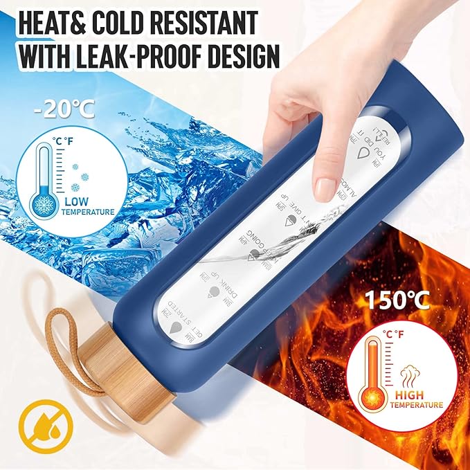 Aqulea Glass Water Bottles 25 Oz with Silicone Sleeve - BPA Free Reusable Wide Mouth Glass Motivational Water Bottles with Fruit Infuser – Leak Proof Borosilicate Water Bottle with Time Marker (Blue)