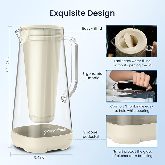 GLACIER FRESH 7 Cup Purela Glass Water Pitcher with 1 Ultrafiltration Membrane and Activated Carbon Filter, Reduces 99% Chlorine, PFOA&PFOS, Coliforms, BPA Free Materials, White
