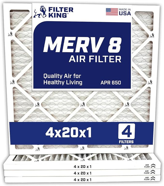 Filter King 4x20x1 Air Filter | 4-PACK | MERV 8 HVAC Pleated A/C Furnace Filters | MADE IN USA | Actual Size: 4 x 20 x .75"