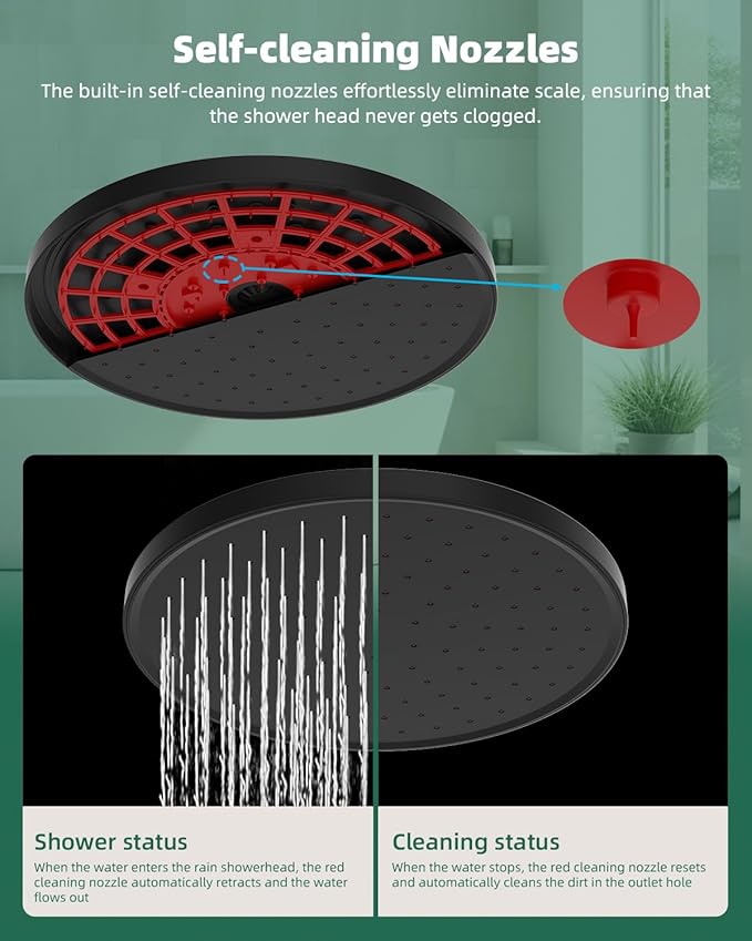 Hibbent 10'' Self-cleaning Rain Shower Head, High Pressure Handheld Shower Head, Showerhead Combo with 12'' Adjustable Curved Shower Extension Arm, 7-Spray, 71'' Hose, Showerhead Holder, Matte Black