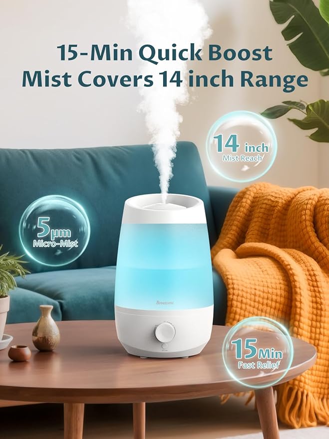 BREEZOME Humidifiers for Bedroom, 2.5L Humidifiers for home, 250ml/h Mist Output, 25hrs Essential Oil Diffuser, Auto Shut-Off, 25dB Ultra-Quiet Operation for Nurseries and Indoor Plants, White