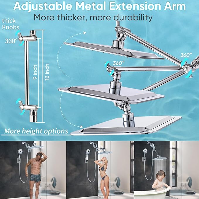 10'' Dual 20 Stage Filtered Shower Head with Handheld, 6 Spray Settings Handheld Shower Head High Pressure Rainfall Filter Combo with 12'' Adjustable Extension Arm, 71'' Shower Hose (Chrome Polished)