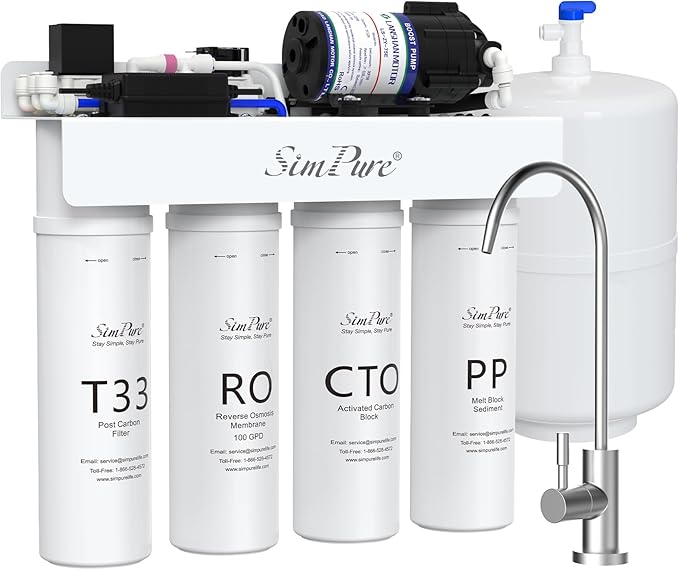 SimPure T1-100 Reverse Osmosis Water Filter, Near 0 TDS Reverse Osmosis System 7 Stage, NSF/ANSI 58 Certified, Under Sink RO Water Filtration System 100 GPD with Tank, Build in Pump, BPA Free