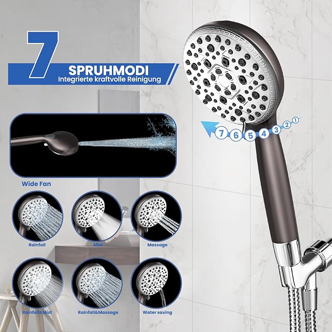 Filtered Shower Head with Handheld,7 Spray Settings High Pressure Showerhead Built in Power Wash to Clean Tub, Tile & Pet, Showerhead with Filters for Hard Water - Remove Chlorine, (Gray)