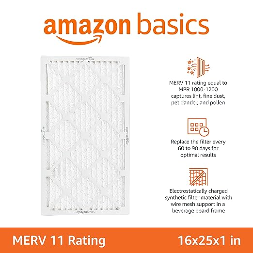 Amazon Basics 16x25x1 Air Filter 6 Pack, MERV 11 AC Furnace Filters (Actual Size: 15.75" x 24.75" x 0.75")