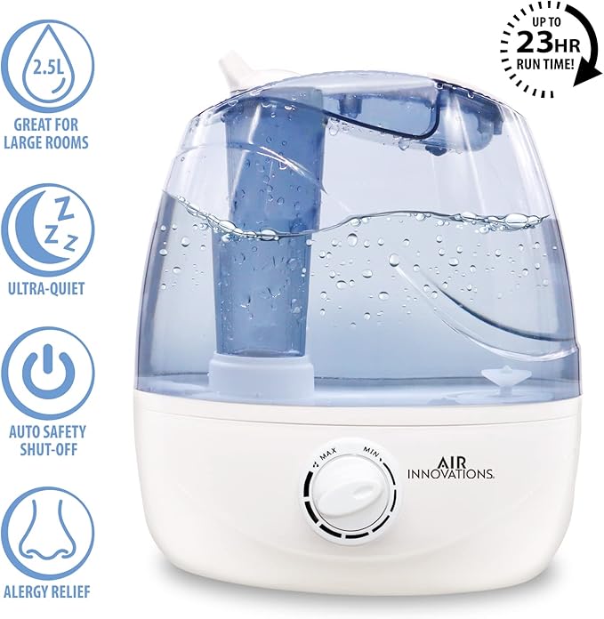Air Innovations AI-103 Ultrasonic Cool Mist Humidifier for Bedroom – Quiet Cool Mist Diffuser with 2.5L Tank, 23-Hour Runtime, Auto Shut-Off, 360° Nozzle – Ideal for Home, Dorm, & Apartment Essentials