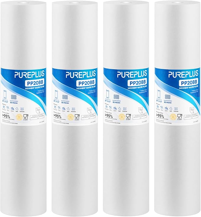 PUREPLUS 20 Micron 20" x 4.5" Whole House Sediment Home Water Filter Replacement Cartridge, Compatible with DGD-5005-20, AP810-2, P5-20BB, FP25B, FPMB5-20, 155358-43, SDC-45-2005, 4 Pack