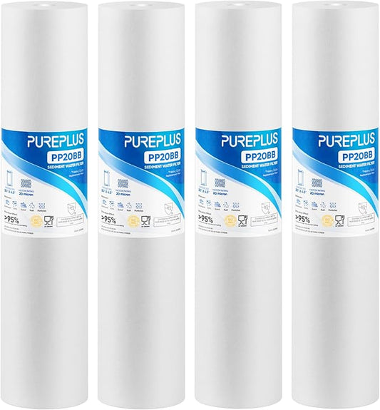 PUREPLUS 20 Micron 20" x 4.5" Whole House Sediment Home Water Filter Replacement Cartridge, Compatible with DGD-5005-20, AP810-2, P5-20BB, FP25B, FPMB5-20, 155358-43, SDC-45-2005, 4 Pack