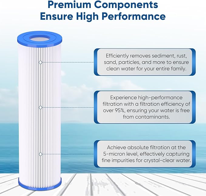 PUREPLUS 5 Micron 10"x2.5" Whole House Pleated Sediment Filter for Well Water, Replacement Cartridge for Universal 10 inch RO System, W50PE, WFPFC3002, SPC-25-1050, FM-50-975, 801-50, WB-50W, 6Pack