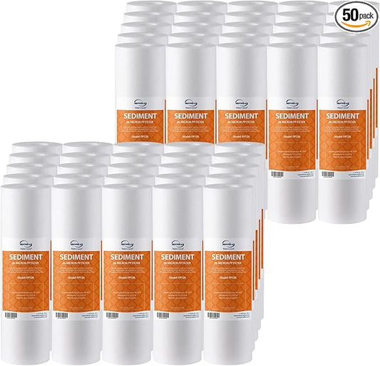 iSpring FP120X50 10"x2.5" Universal Sediment Water Filter Replacement Cartridges, 20 Micron Multi-layer Sediment Filter, 50 Pack