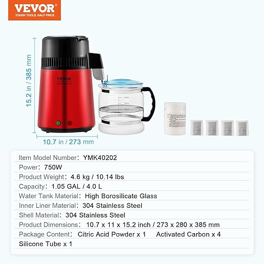 VEVOR Water Distiller, 4L 1.05 Gallon Pure Purifier Filter for Home Countertop, 750W Distilled Maker, Stainless Steel Interior Machine to Make Clean Water, Red