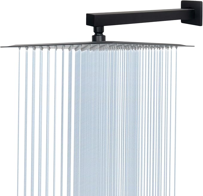 HarJue Shower Head with Extension Arm, High Pressure Square with ShowerArm, Stainless Steel Rainfall -Waterfall Full Body Coverage (12'' Shower with 16'' Arm, Matte Black)