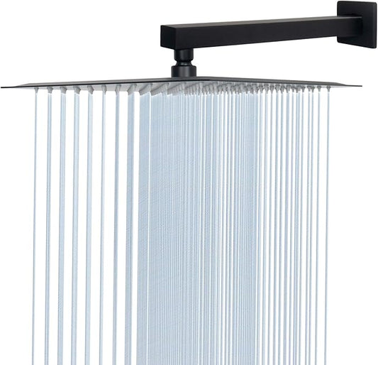 HarJue Shower Head with Extension Arm, High Pressure Square with ShowerArm, Stainless Steel Rainfall -Waterfall Full Body Coverage (12'' Shower with 16'' Arm, Matte Black)