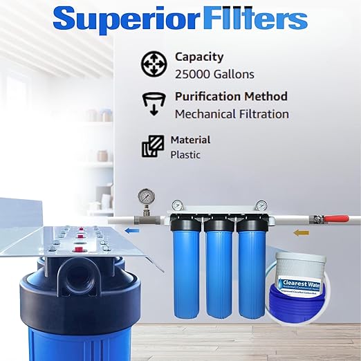 Superior Three (3) Stage Water Filter System 20" H X 4.5" NSF Certified 3 Filter Set | Whole House Water Filter System | with 3 Filters for Clean Drinking Water | 2 Pressure guages | Fully Assembled