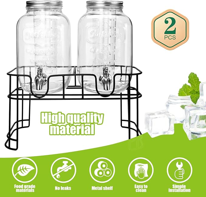 1 Gallon Glass Drink Dispensers For Parties 2PACK.Beverage Dispenser，Drink Dispenser With Stand And Stainless Steel Spigot 100% Leakproof.Glass Drink Dispenser With Ice Cylinder. Lemonade