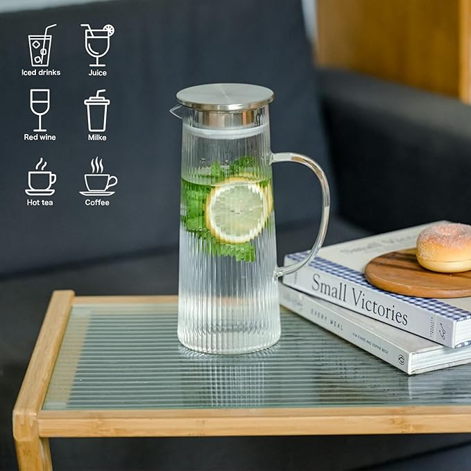 Glass Pitcher with Lid, 40 oz/1.2 Liter Glass Water Pitcher, Ice Tea Brewing, Hand Blown Small Pitchers for Drinks, Coffee, Juice, Lemonade, and Hot/Cold Beverages, Heat Resistant