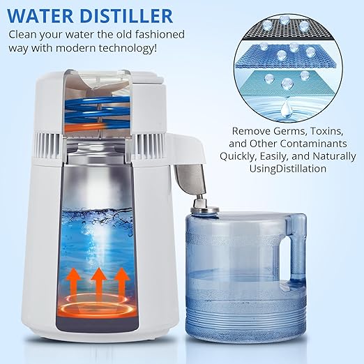 4L Water Distiller,Household Stainless Steel Distilled Water Purifier,Countertop Distilled Water Maker,4 Litre Distilled Water Machine for Home.White Plastic Jug.