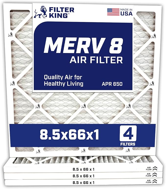 Filter King 8.5x66x1 Air Filter | 4-PACK | MERV 8 HVAC Pleated A/C Furnace Filters | MADE IN USA | Actual Size: 8.5 x 66 x .75"