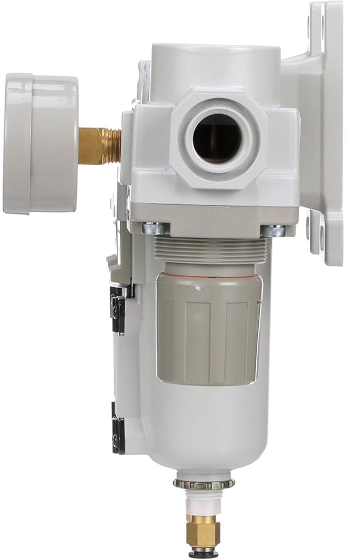 PneumaticPlus SAU430-N04DG-MEP Three Stage Air Drying System Particulate Air Filter, Coalescing Filter, Air Pressure Regulator Combo 1/2" NPT - Metal Bowl, Auto Drain, Bracket, Gauge