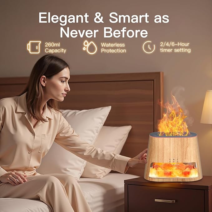 2-in-1 Ultrasonic Essential Oil Diffuser & Himalayan Salt Lamp, Aromatherapy Diffuser Cool Mist Humidifier with Auto Off Function, 100% Pure Himalayan Pink Salt Rock, 260ml (Wooden Grain)