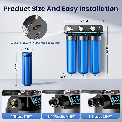 Whole House Water Filter System, 3-Stage Whole House Water Filtration System, with 20"x4.5" PP/GAC&KDF/CTO Filter, Reduces Chromium, Chloramine, Lead, Mercury, Copper, Nickel, Sediment, Odor, 1" FNPT