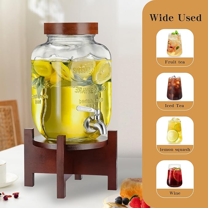 Glass Drink Dispenser with Acacia Wood Stand and Lid,1 Gallon Beverage Dispenser with Stainless Steel Spigot for Parties,Picnics,Barbecues,Lemonade,Sun tea Jar,ice coffee,Laundry Detergent Dispenser
