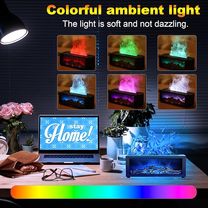 Mini Fireplace Diffusers for Essential Oils Fireplace Humidifier with Remote 150ml Fireside Ultrasonic Humidifier Bonfire Flame Diffuser with 7 Colors Light for Home Room Office (Black)