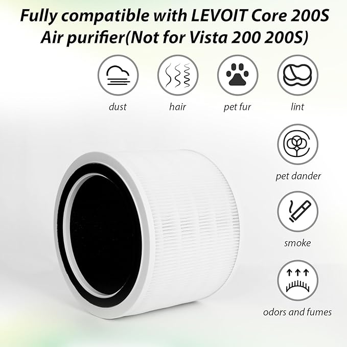 Core 200S-P Replacement Filter for LEVOIT Core 200S Air Purifier, 3-in-1 HEPA, High-Efficiency Activated Carbon, Part Core 200S-RF, 2 Pack