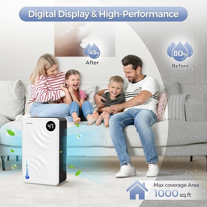 Dehumidifier, Dehumidifiers for Home (1000 sq.ft), 98 OZ Dehumidifier for Basement Bathroom Bedroom, Auto Shut Off Dehumidifiers, Timer Setting, Digital Display, Drain Hose, 7 Colors Light, White