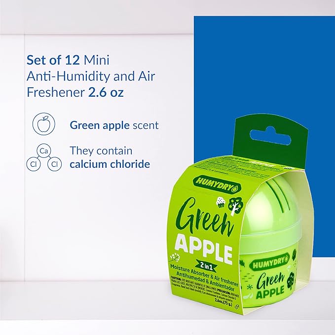 HUMYDRY® - Pack of 12 Mini Units - Dehumidifier and Air Freshener - 2.6 oz - Moisture Absorbers - Prevents bad odors - Green Apple Scent - For small spaces